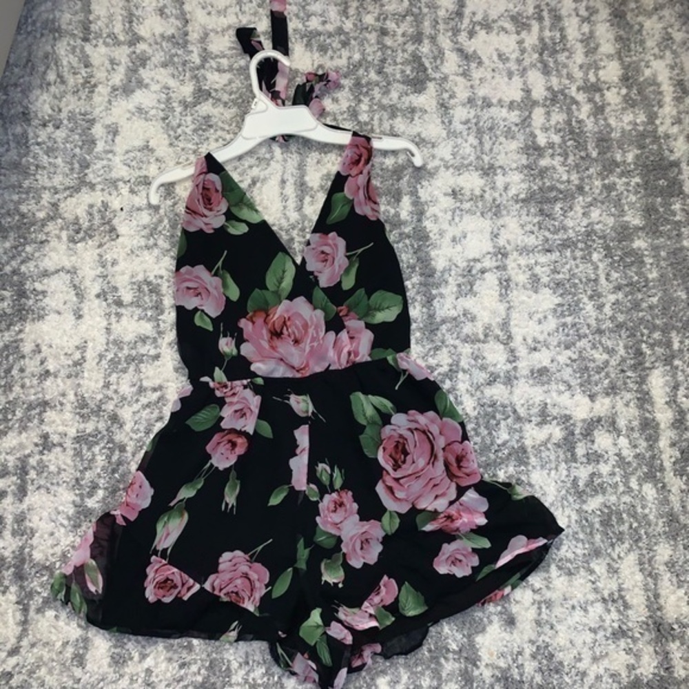 Black and pink Floral Romper with halter back